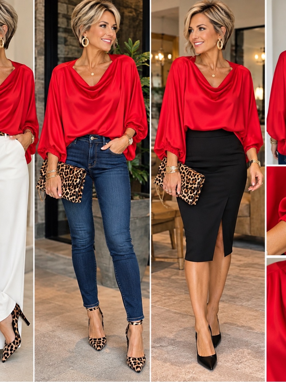 Source Unknown Red Satin Cowlneck Blouse